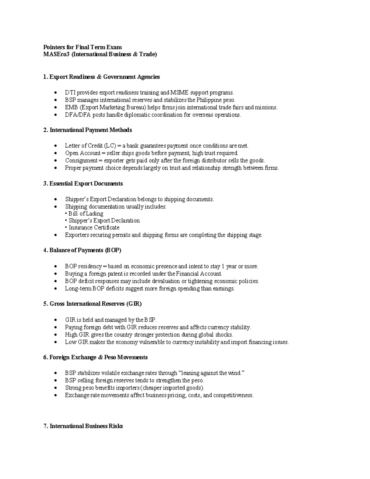 Pointers for Final Term Exam MASEco3: International Trade Insights ...