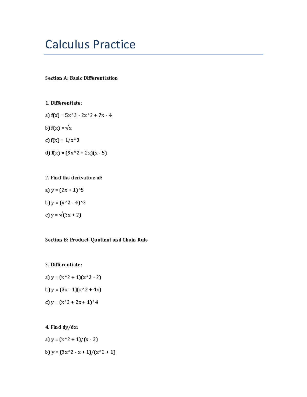 Calculus Practice: Derivatives & Applications (Section A-E) - Studocu