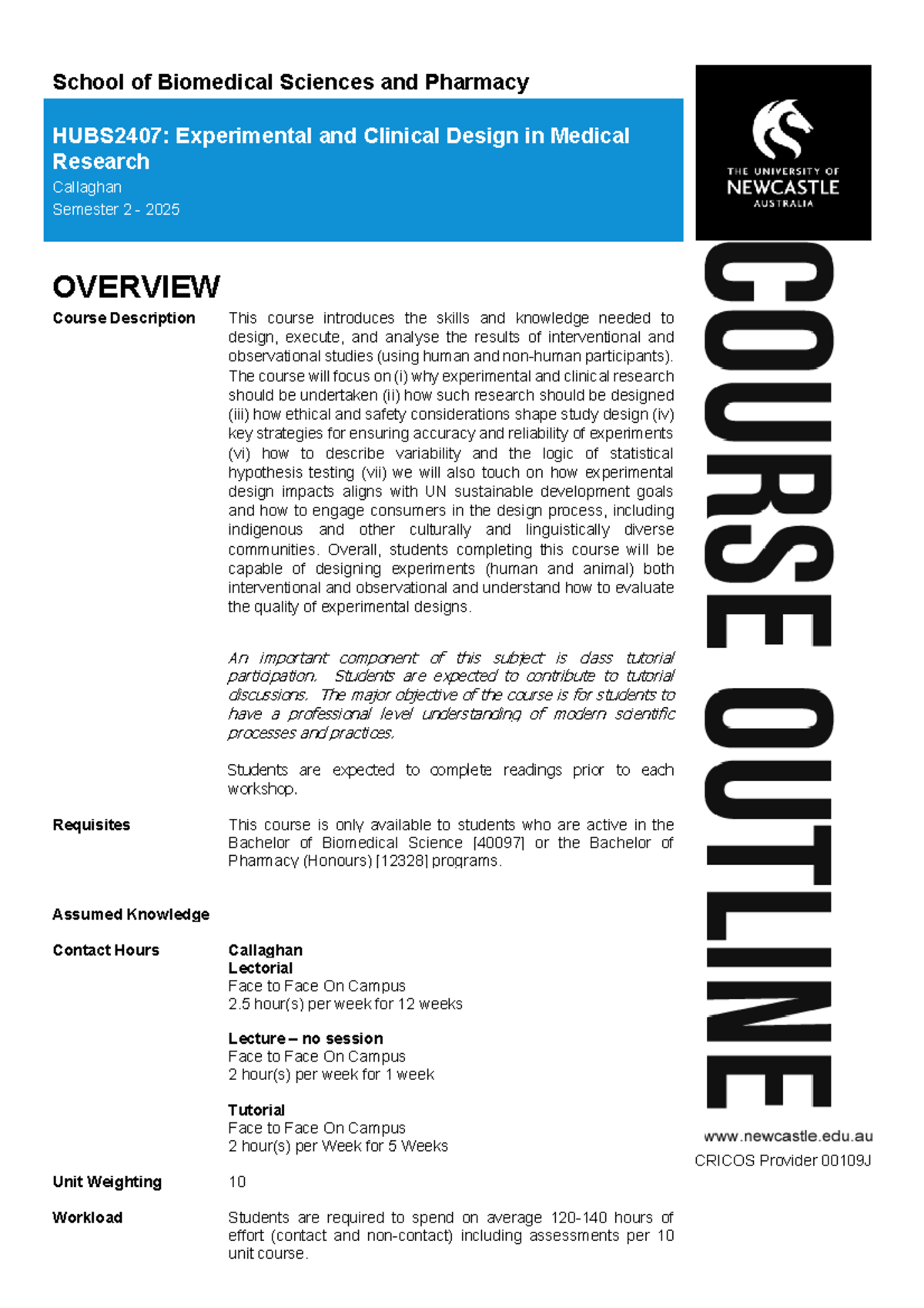 HUBS2407: Course Outline for Experimental & Clinical Design - Sem 2 ...