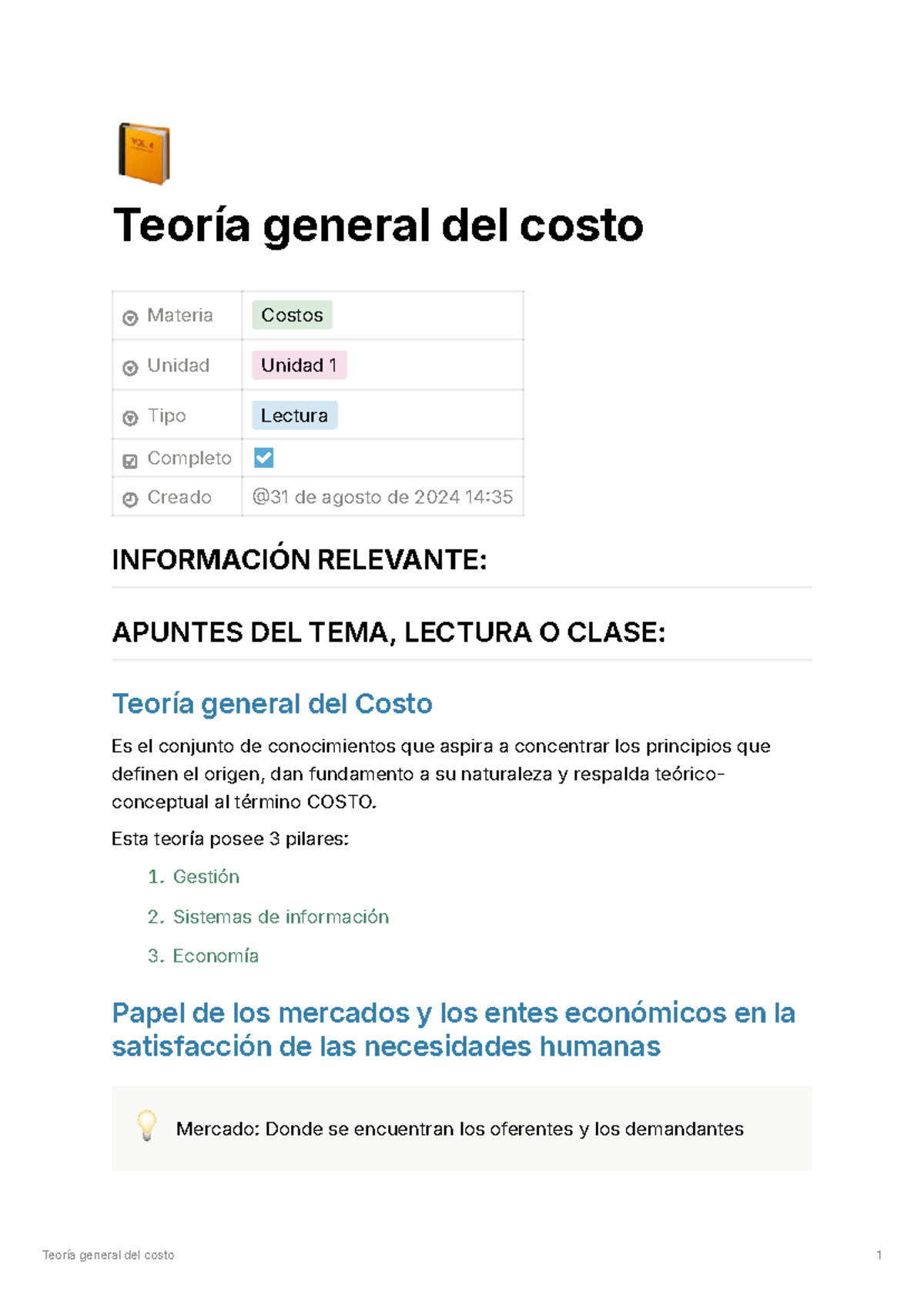 Teoría General del Costo - Unidad 1: Lectura Completa y Análisis - Studocu