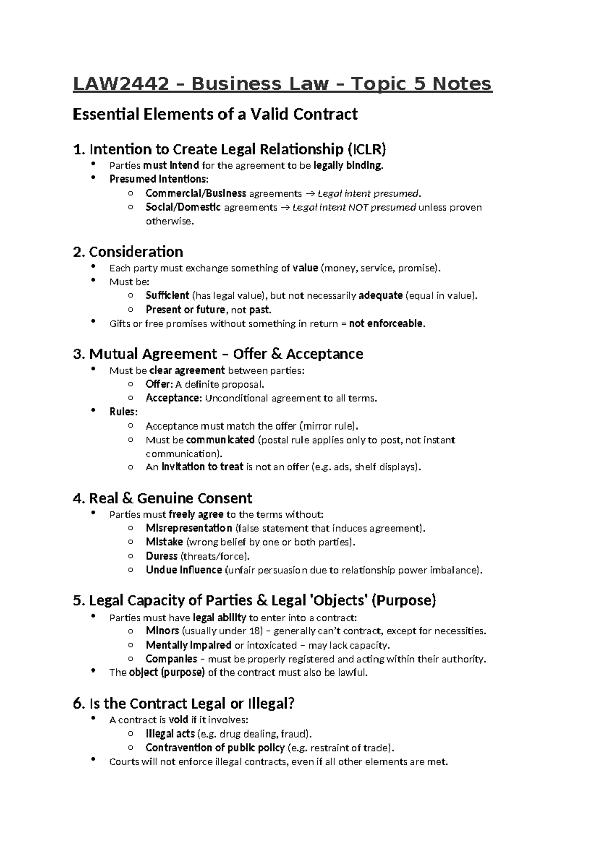 LAW2442 Business Law Topic 5: Essential Elements of a Valid Contract ...