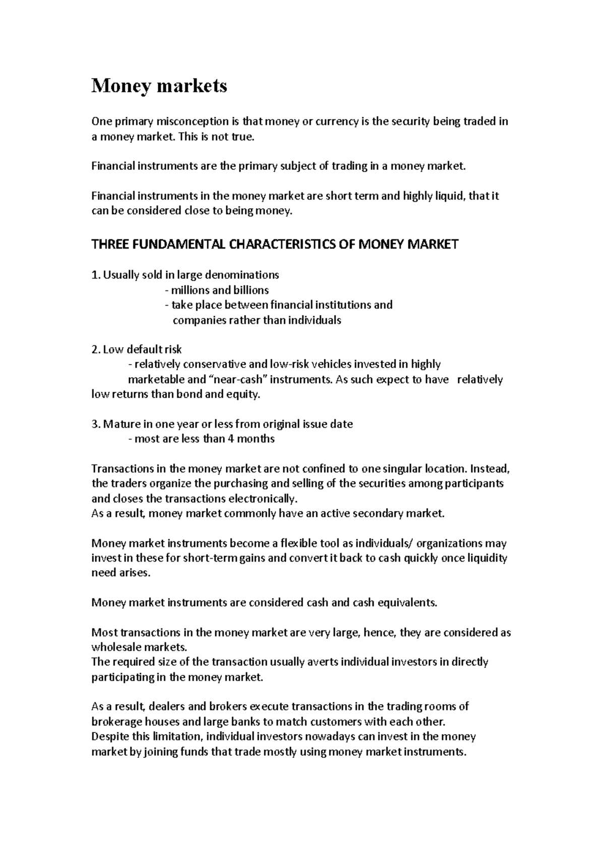 Money Markets: Understanding Instruments and Characteristics - Studocu