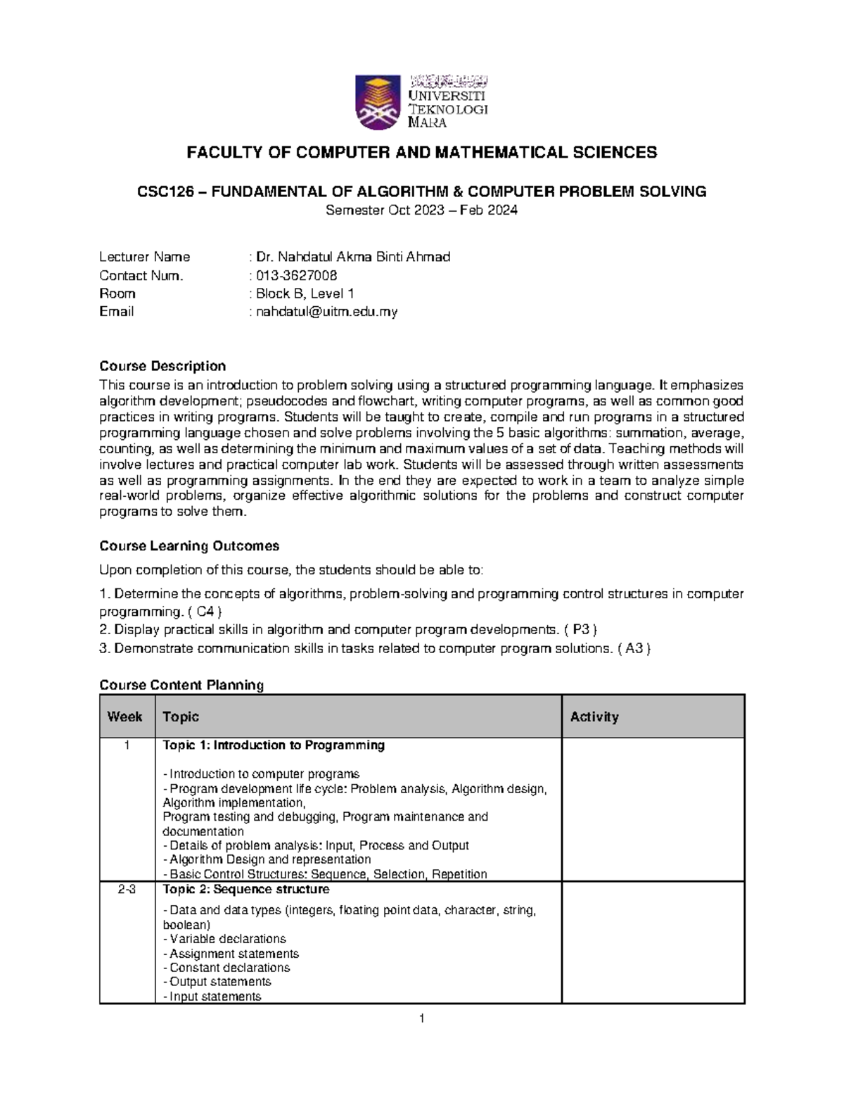 CSC126 Scheme of Work: Fundamentals of Algorithm & Problem Solving ...