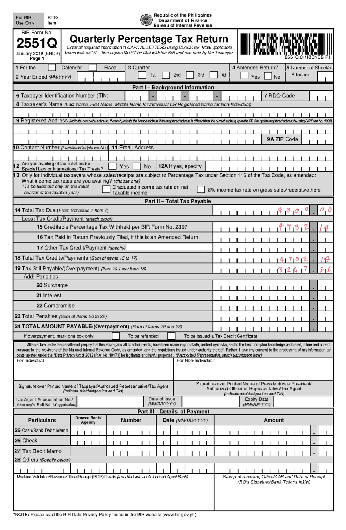BIR Form 2551Q - Quarterly Percentage Tax Return Guide - Studocu