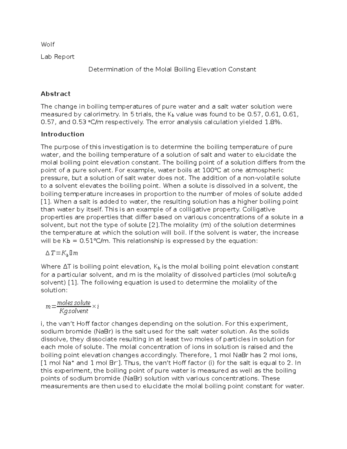 Lab Report: Determining Molal Boiling Point Elevation (CH 228) - Studocu