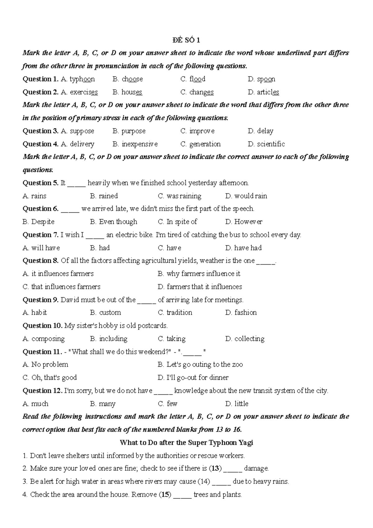 Đề số 1 - English pronunciation and grammar practice questions - Studocu