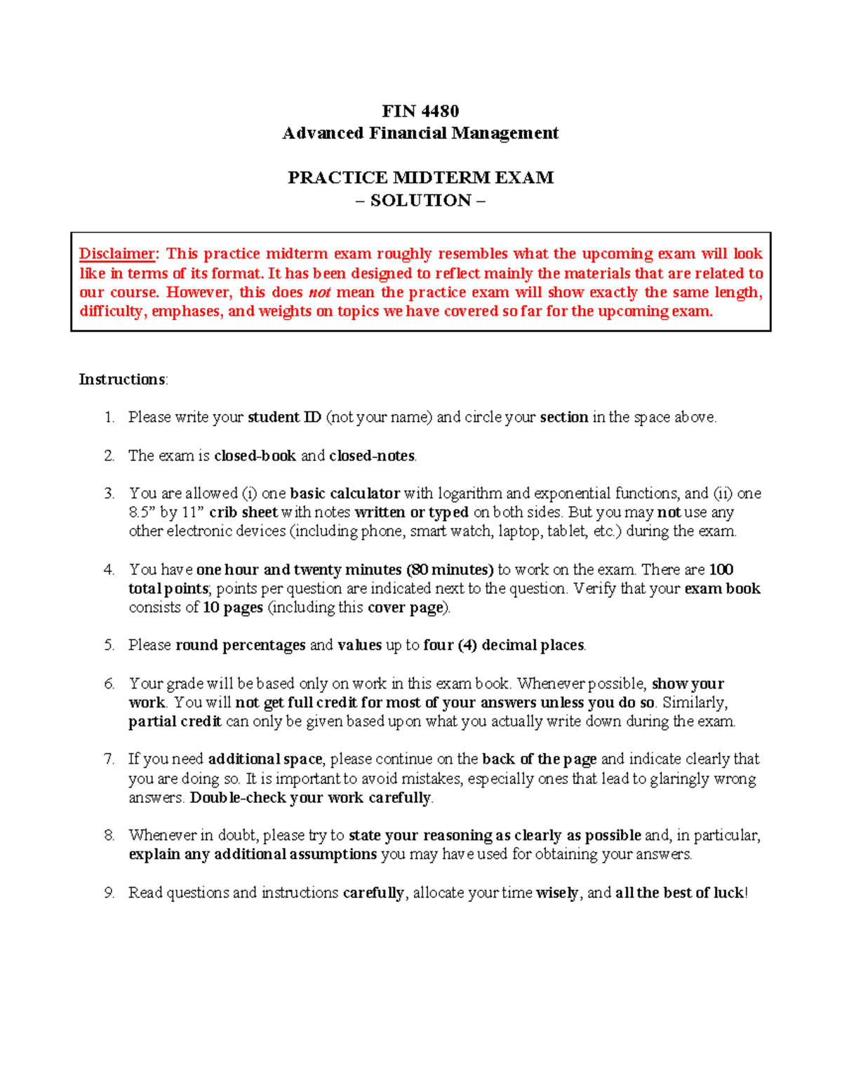 FIN 4480 Advanced Financial Management Practice Midterm Exam Solutions ...