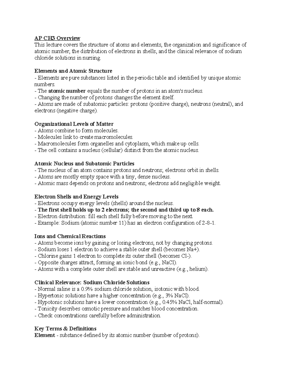 AP 345 Lecture Notes: Atoms, Elements, and Chemical Bonds - Studocu