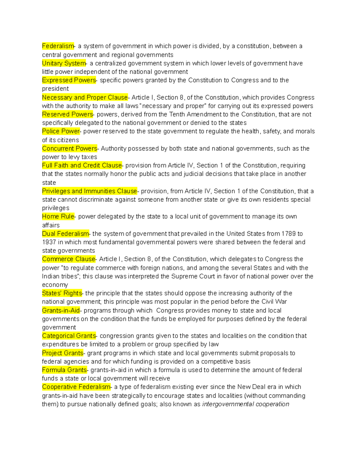 AP Gov Key Terms: Chapter 3 - Federalism and Government Powers - Studocu