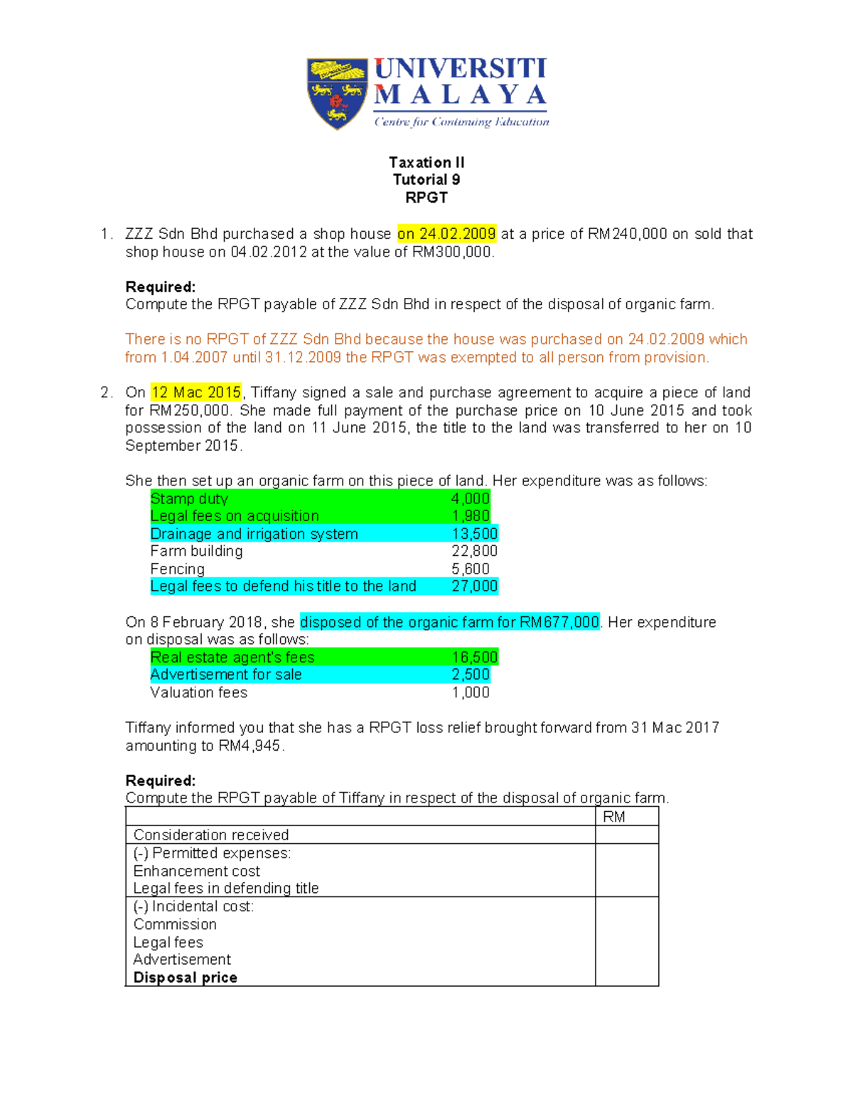 RPGT Computation Tutorial 9 - Taxation II Analysis and Examples - Studocu