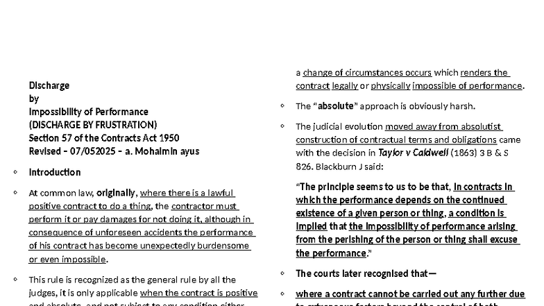 Discharge of Frustration: Section 57 of the Contracts Act 1950 Notes ...