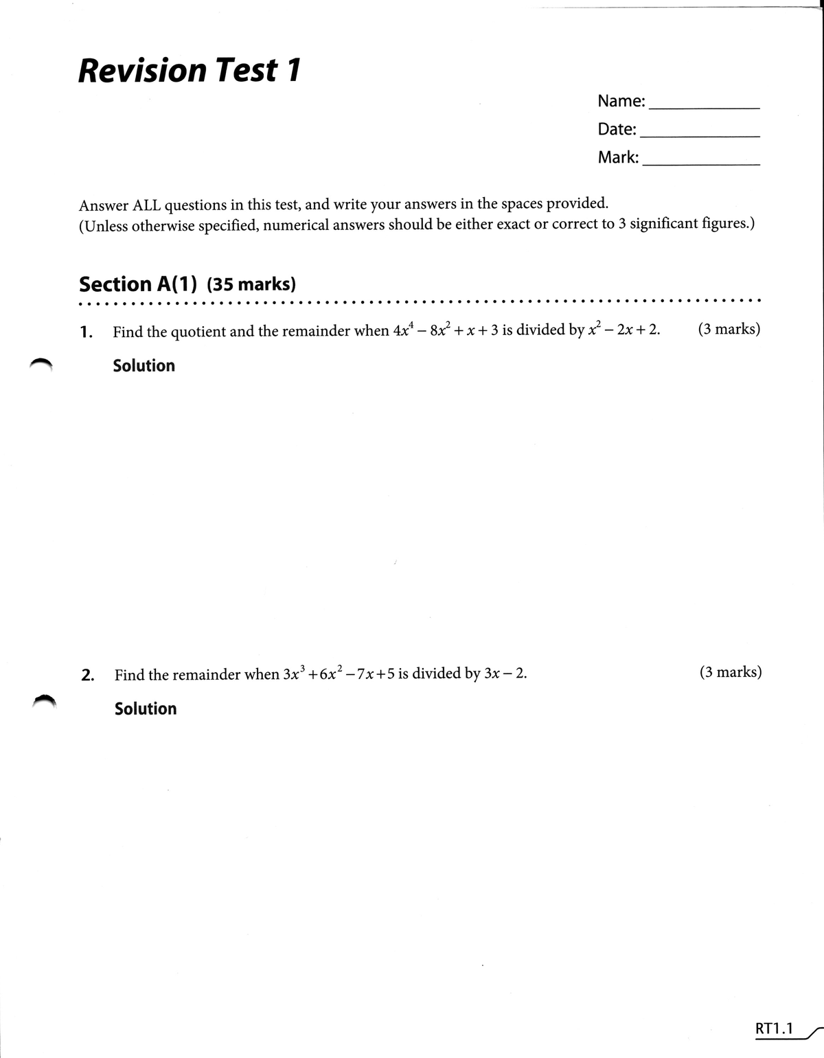 Revision Test 1 (RT1) Solutions and Exercises - Studocu