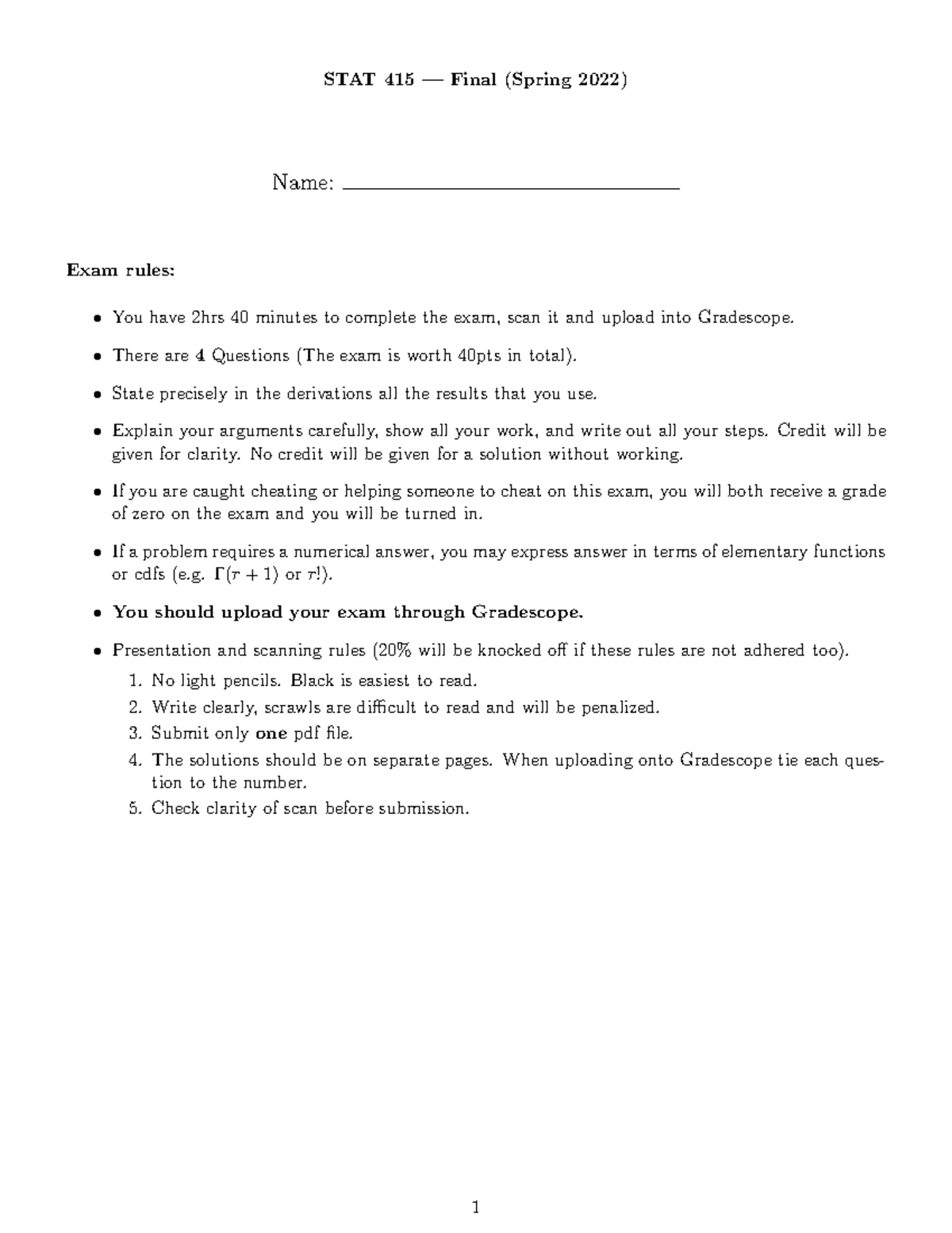 STAT 415 Final Exam Guidelines and Problem Set (Spring 2022) - Studocu