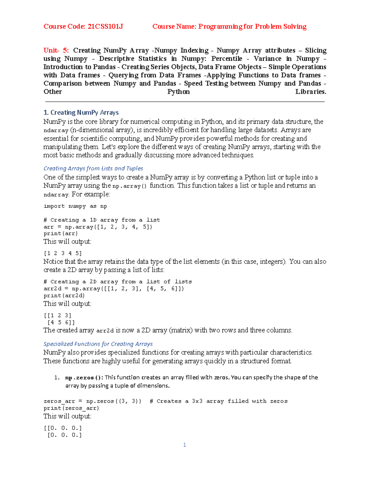 PPS-Unit 5 Notes: NumPy Array Indexing, Attributes, and Pandas Overview ...