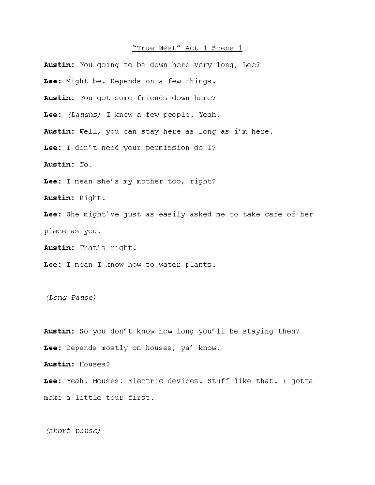 “True West” Act 1 Scene 1: Austin and Lee's Tense Reunion - Studocu