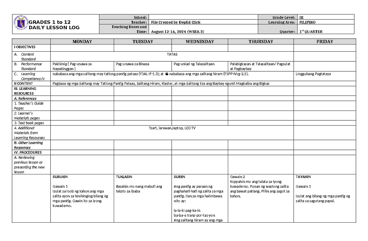 DLL Filipino 3 Q1 W3 - Daily Lesson Log and Activities - Studocu