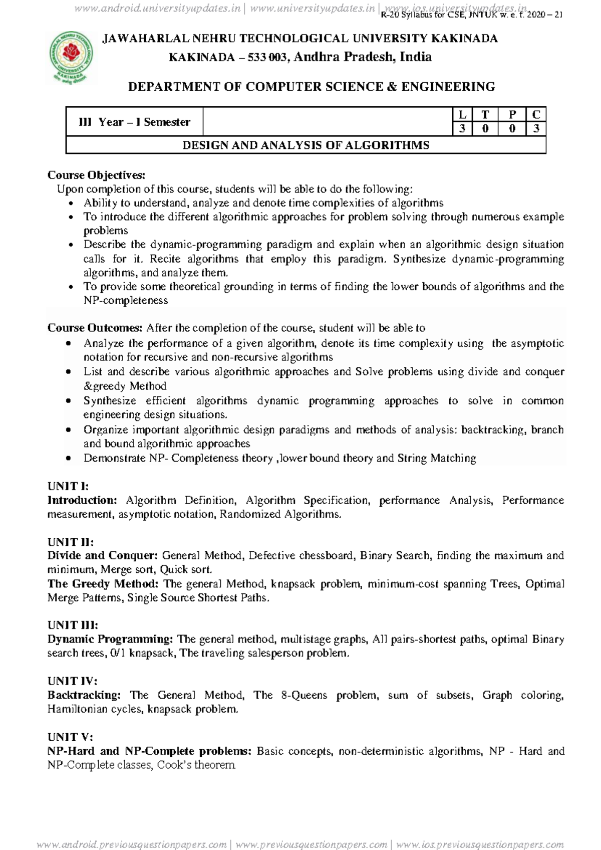 Syllabus for CSE 2020-21: Design & Analysis of Algorithms (DAA) - Studocu
