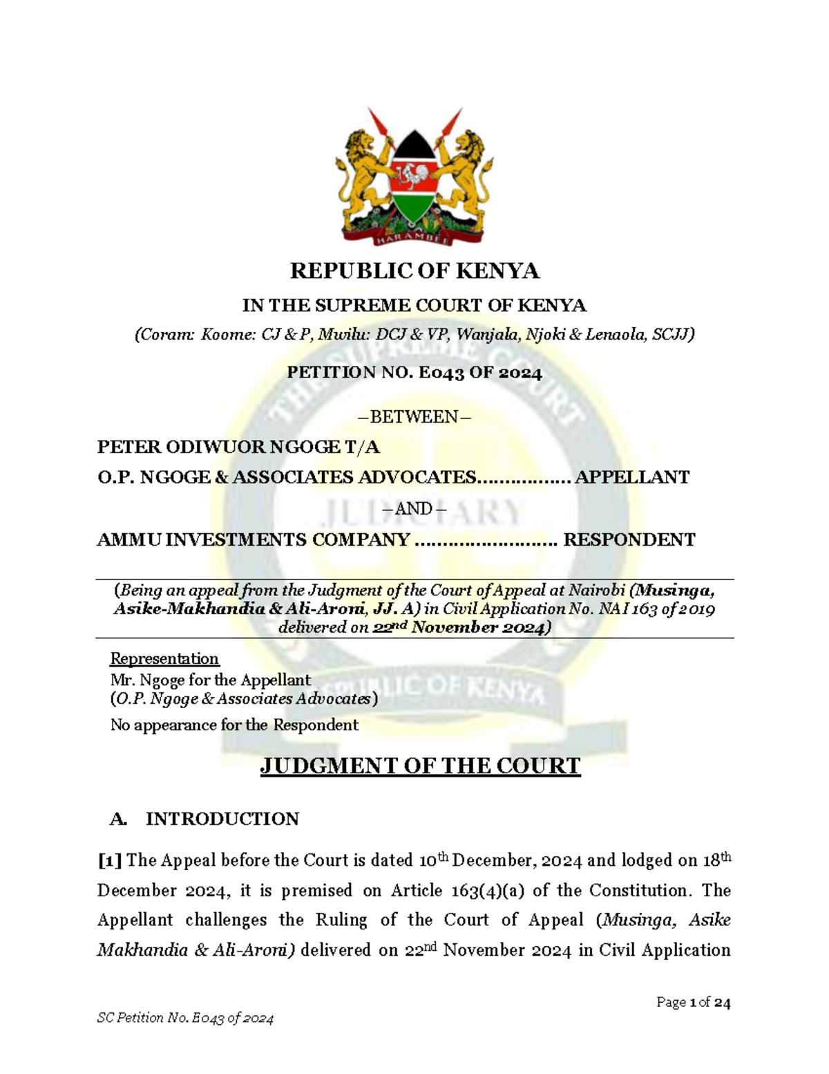Judgment Analysis: SC Petition No. E043 of 2024 - Ngoge vs. Ammu ...