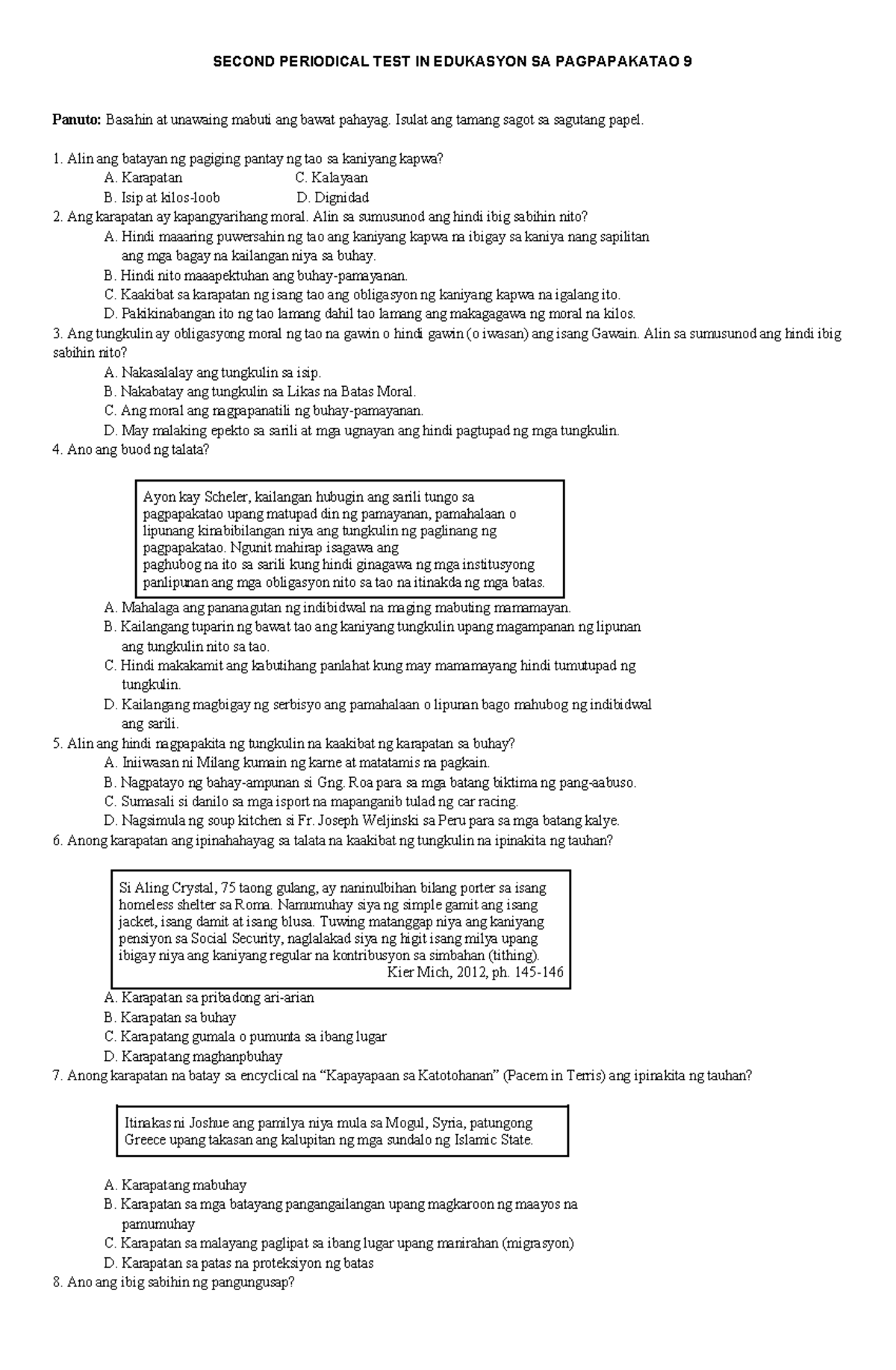 PT G9 ESP - exam - SECOND PERIODICAL TEST IN EDUKASYON SA PAGPAPAKATAO ...