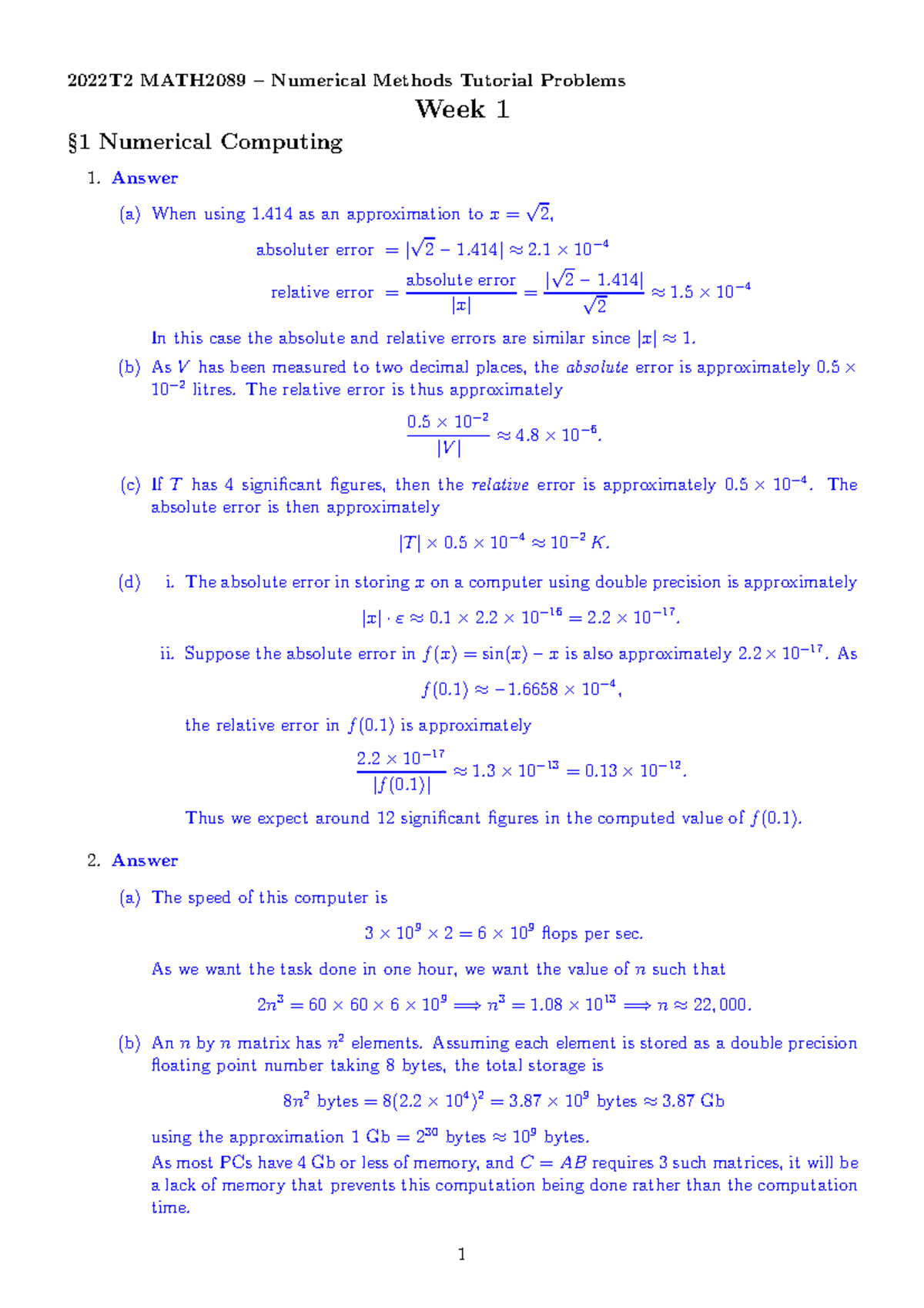 MATH2089 NM Tutorial Solutions - 2022T2 MATH2089 – Numerical Methods ...