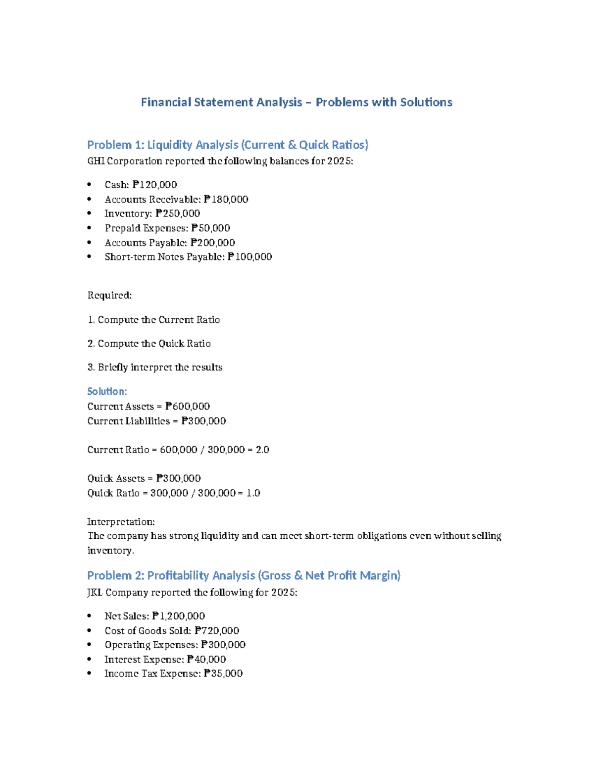 Financial Statement Analysis Problems with Solutions (2025) - Studocu