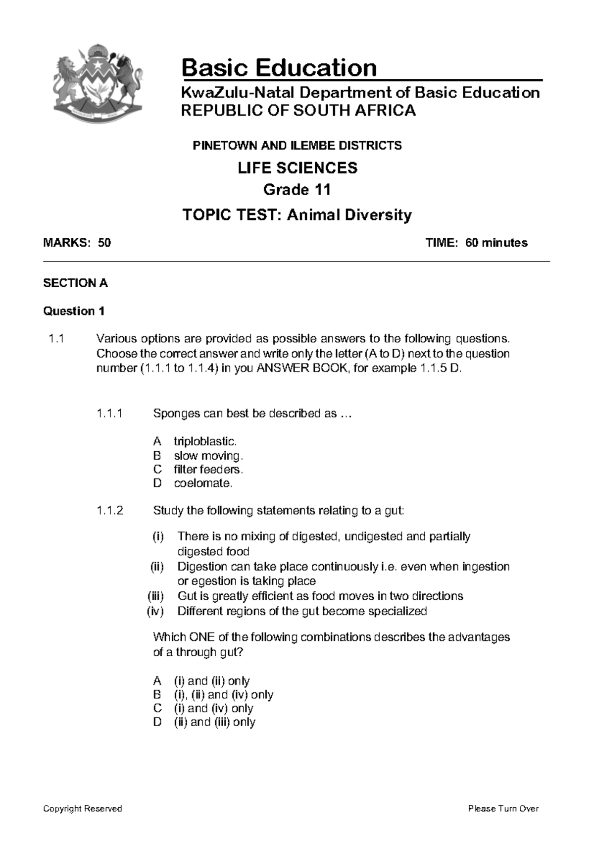 Grade 11 Life Sciences Topic Test: Animal Diversity - NSC Exam - Studocu