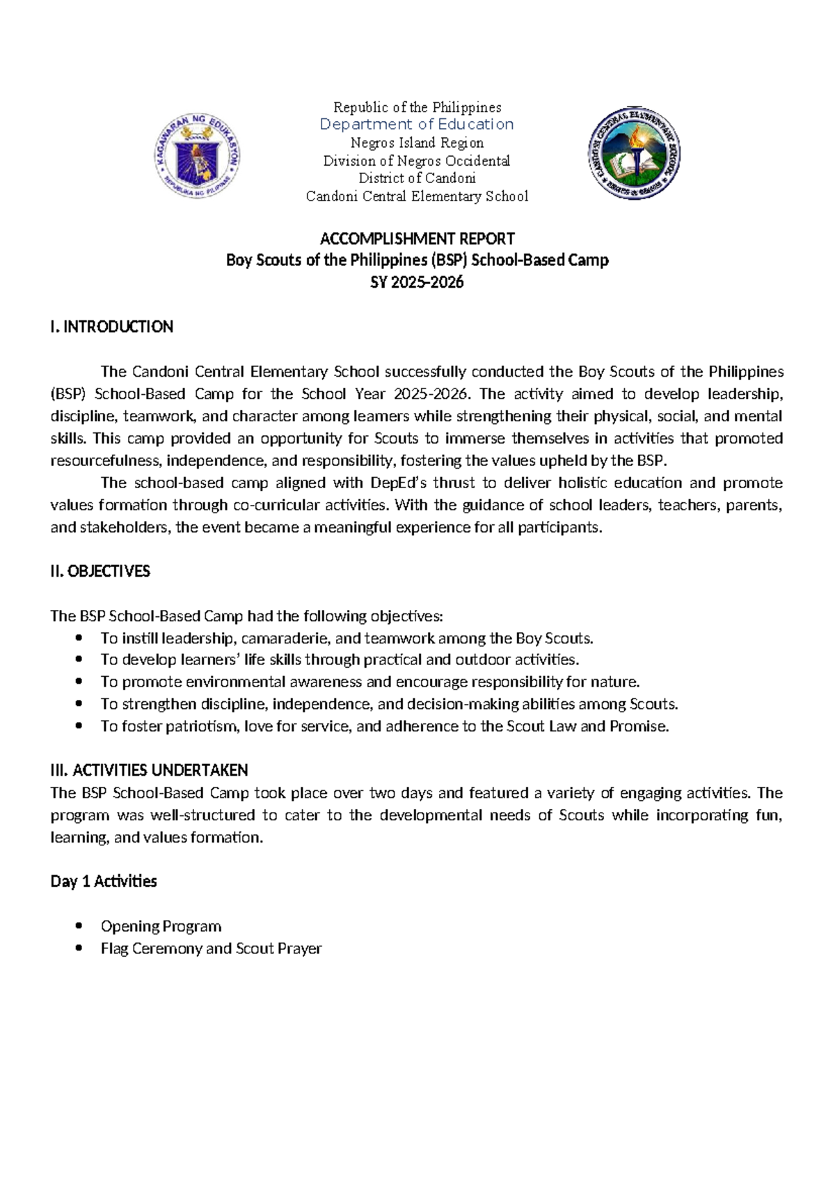 BSP Camp Accomplishment Report 2025-2026: Candoni Central School - Studocu