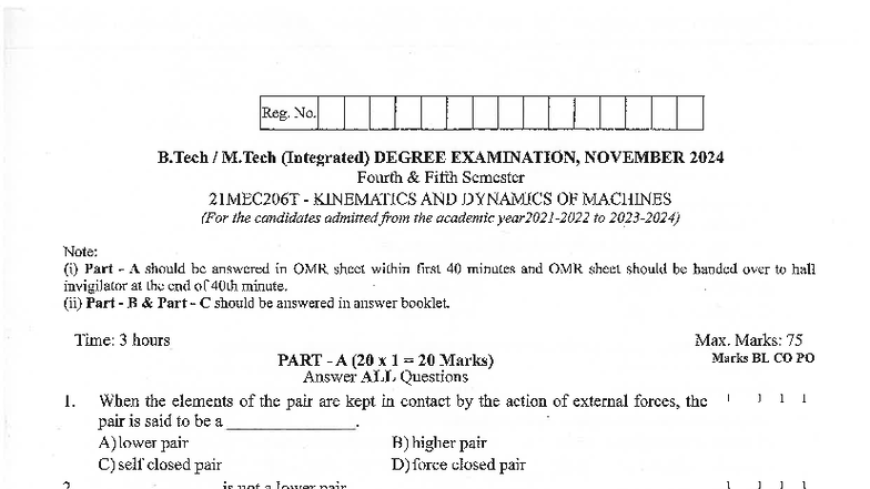 21MEC206T Kinematics & Dynamics of Machines Nov 2024 Exam Key - Studocu