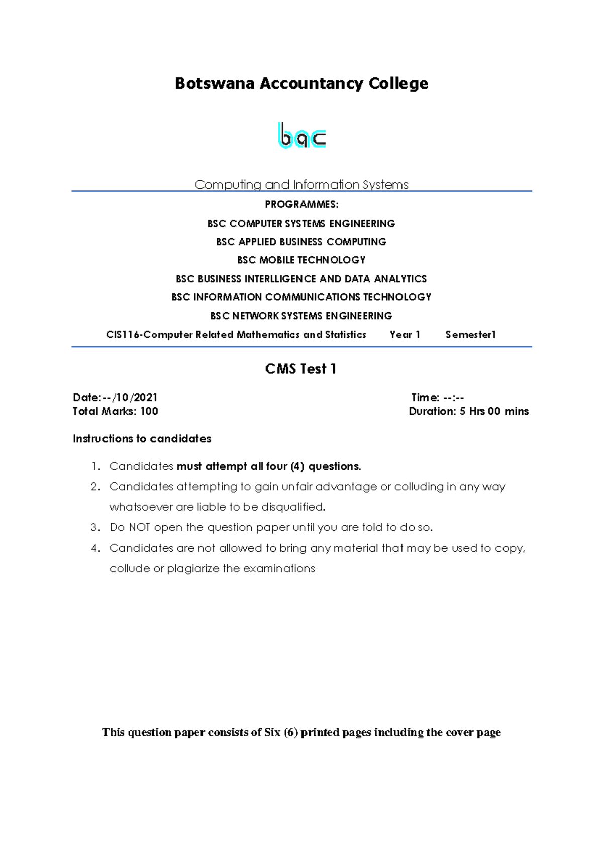 CMS Test 1 2021: Mathematics & Statistics for Computing Programs - Studocu