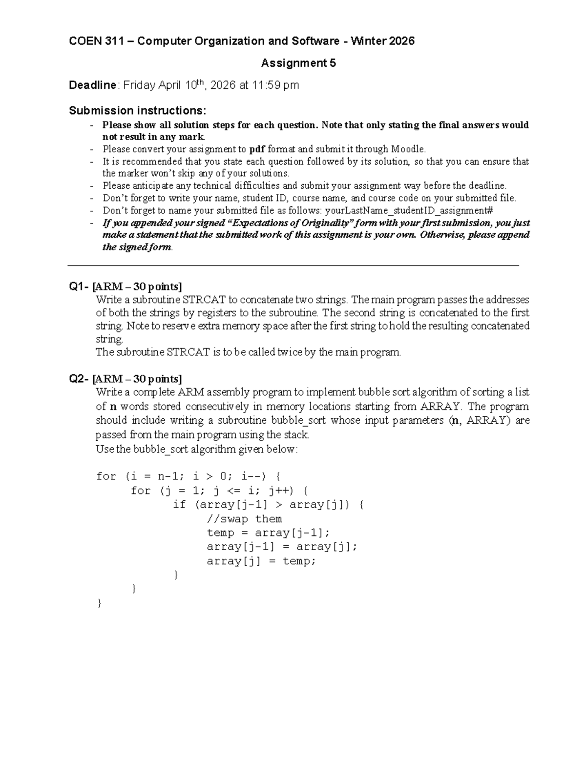 COEN 311 Winter 2026 Assignment 5: String Concatenation & Bubble Sort ...