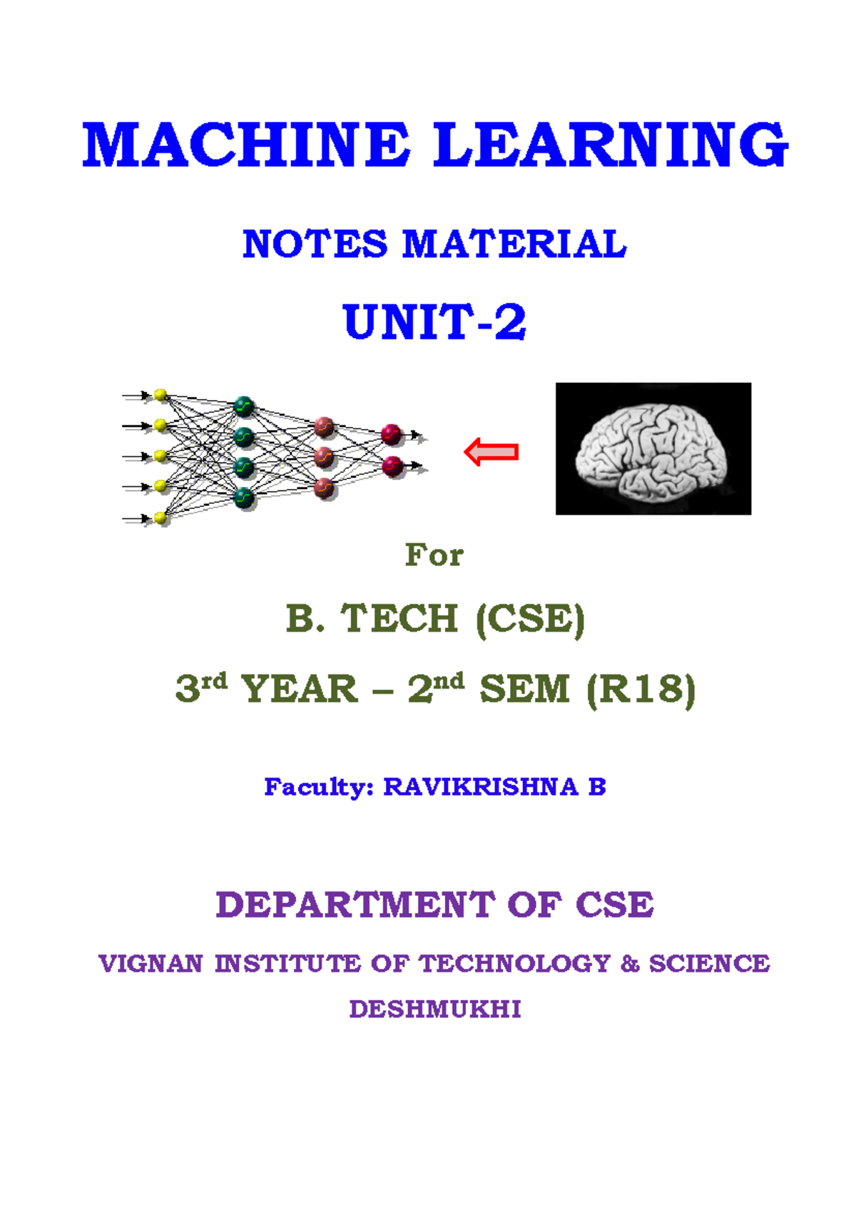 MACHINE LEARNING NOTES FOR B. TECH (CSE) 3rd YEAR (R18) - Studocu