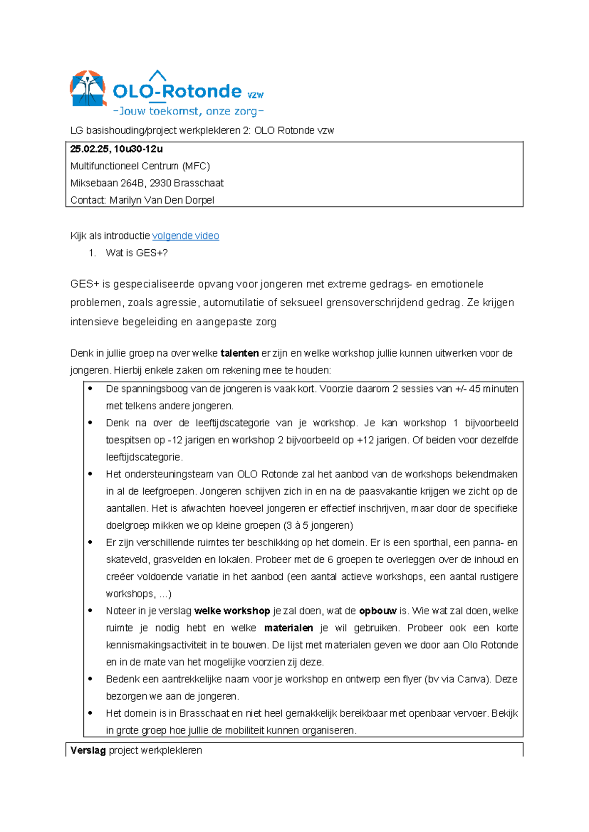 Werkdocument Project Werkplekleren OLO Rotonde: Workshop Karate Kickbox ...