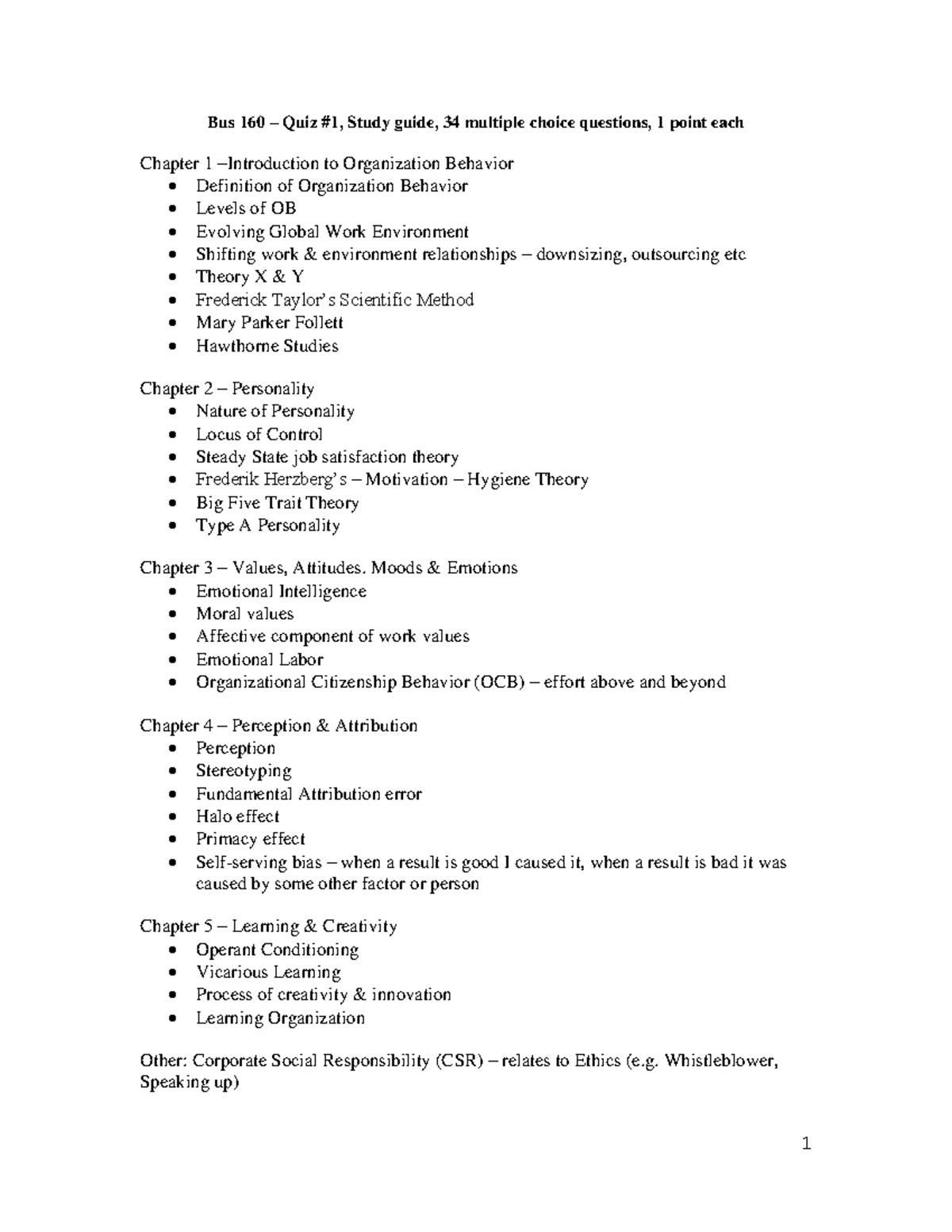 Bus 160 - Quiz #1 - Comprehensive Study Guide with Key Concepts - Studocu