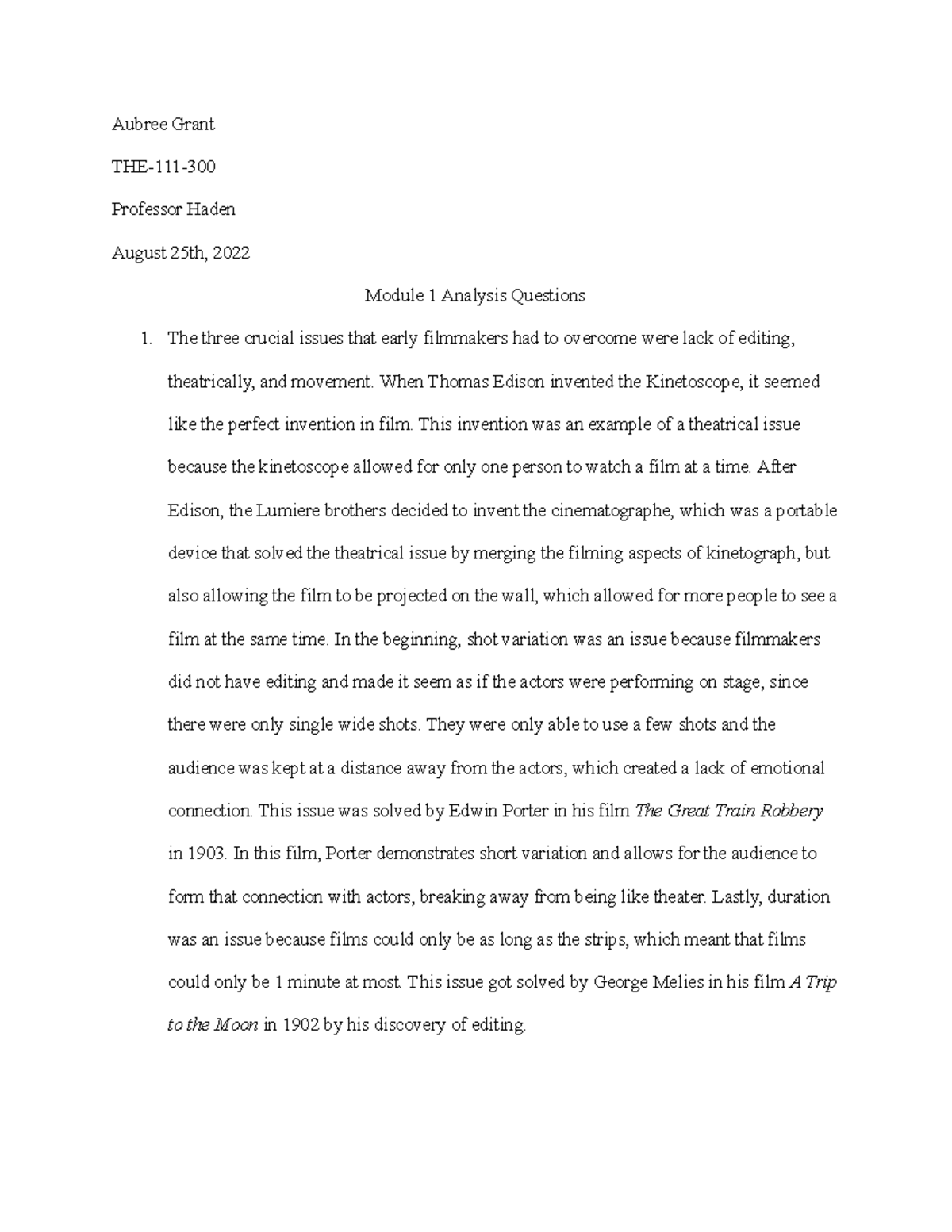 THE-111 Module 1 Analysis Questions by Aubree Grant - Studocu