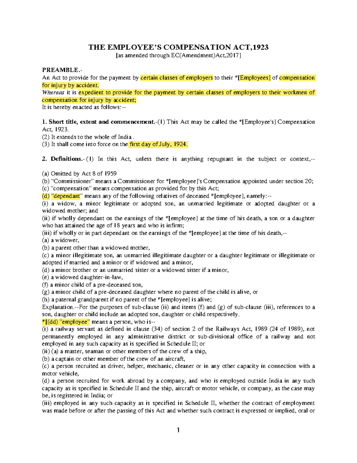 Employee's Compensation Act, 1923 - Provisions & Amendments - Studocu