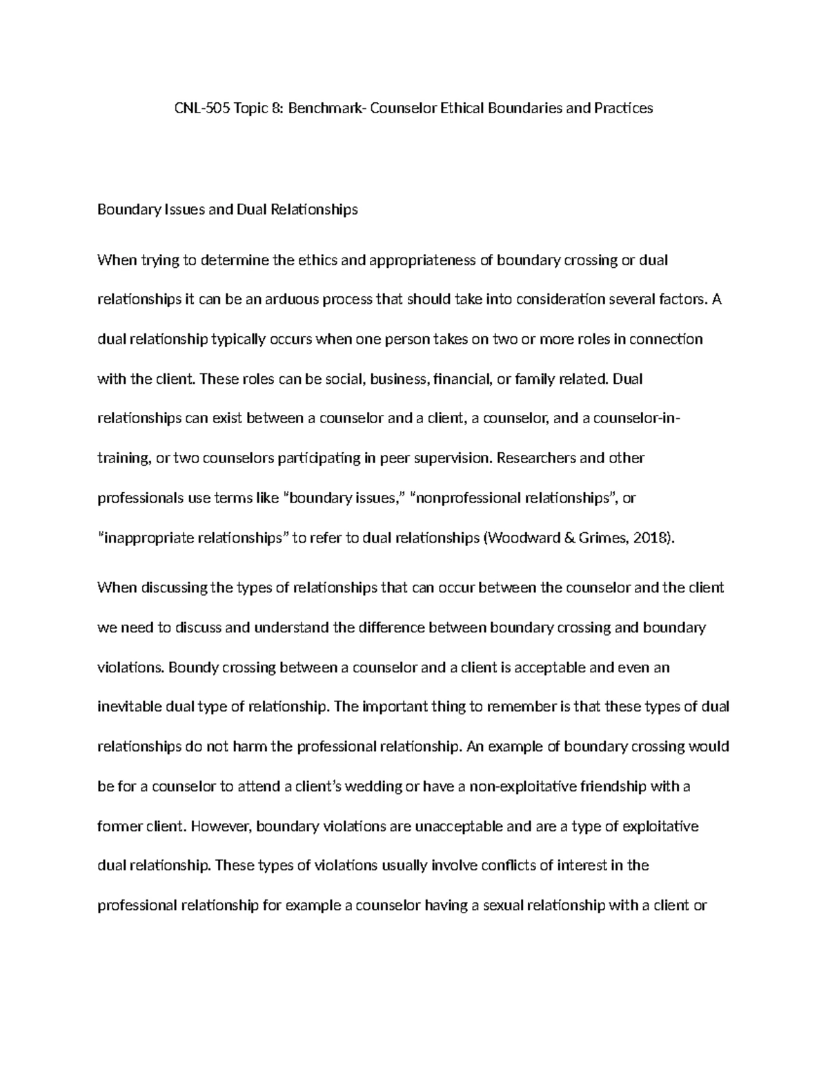 CNL 505: Benchmark Paper on Value Objectivity in Counseling Ethics ...