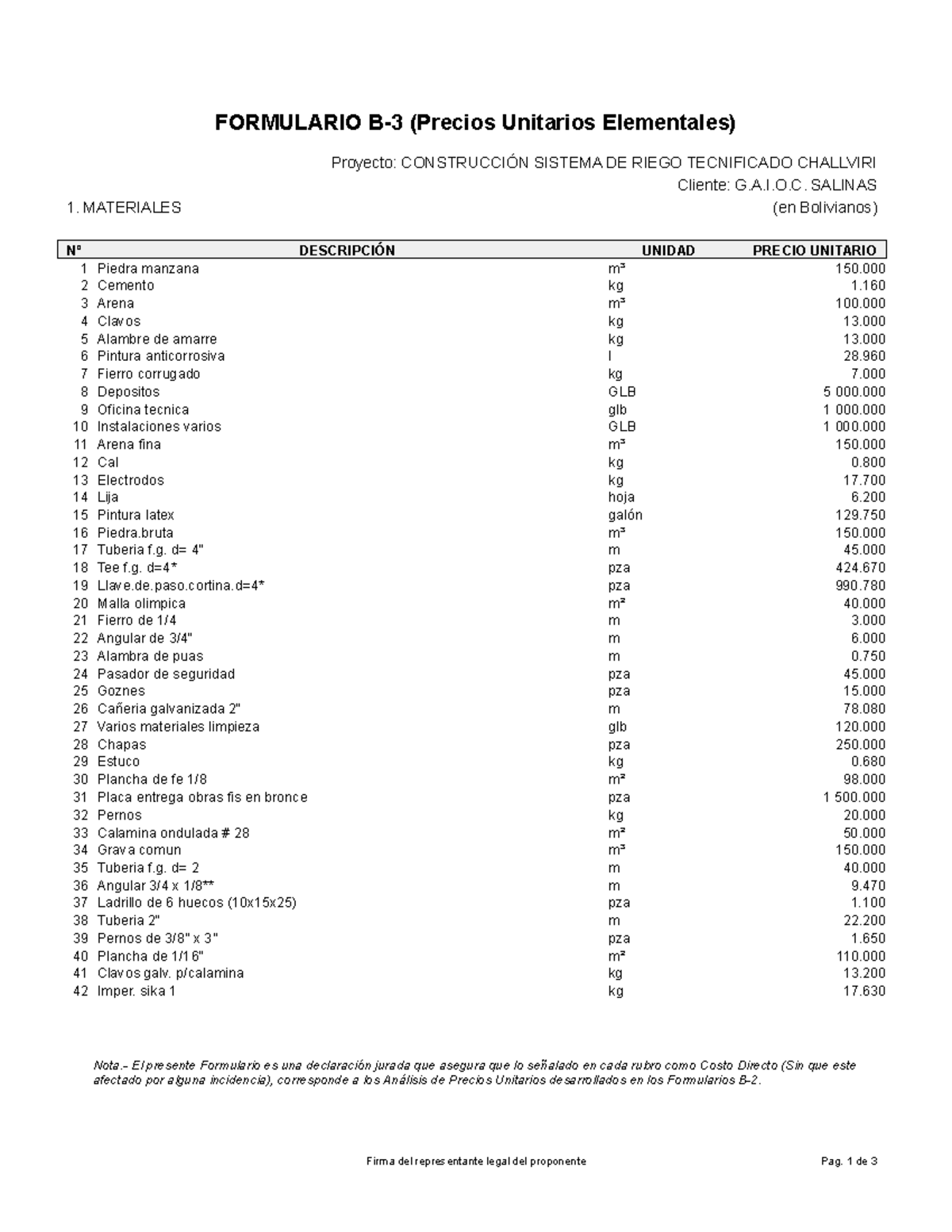 Formulario B3 - Precios Unitarios Elementales para un Proyecto de Riego - Document Preview