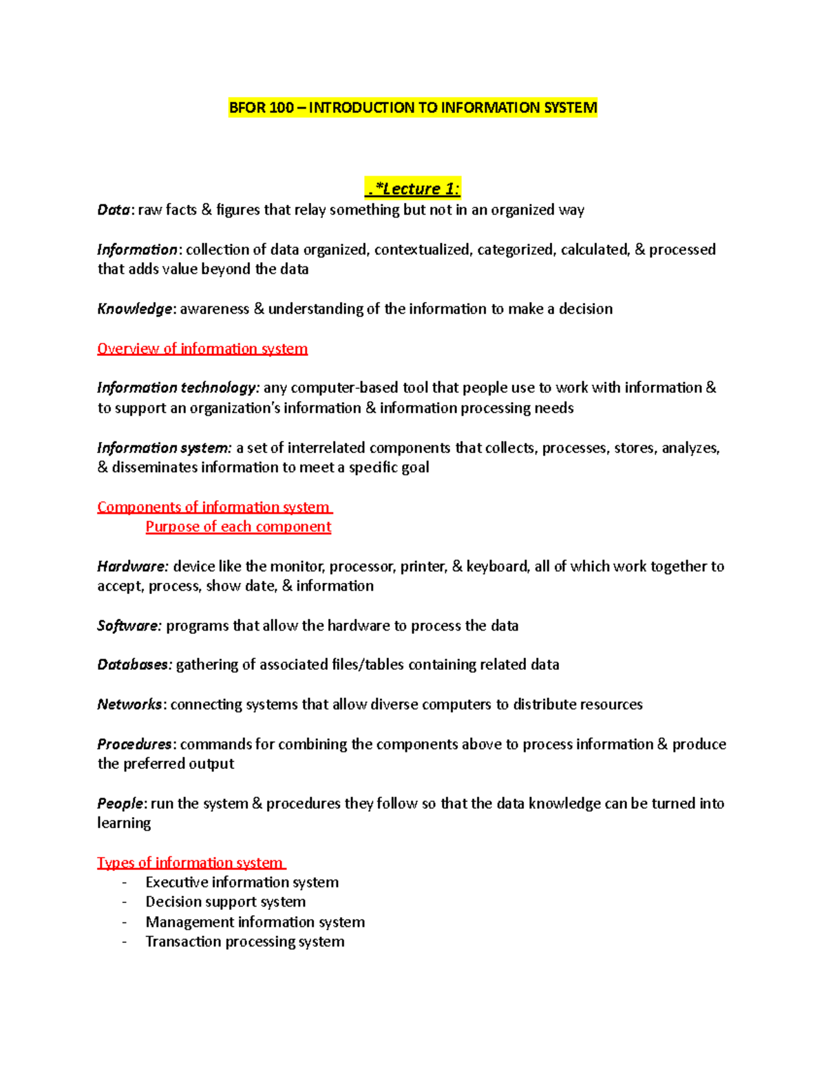 BFOR 100 Final Exam Review: Key Concepts in Information Systems - Studocu