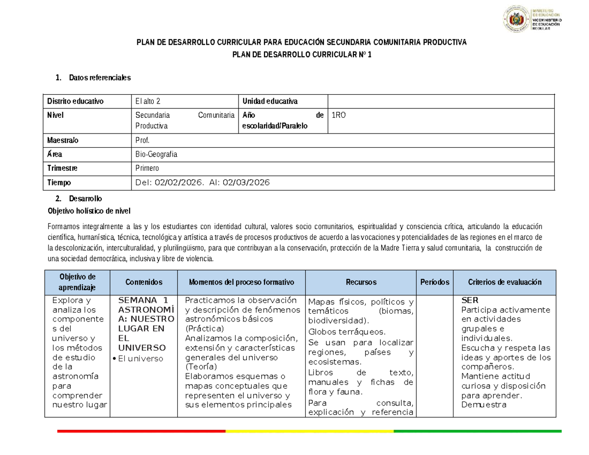 PDC 2026 BIO-GEO 1RO: Plan de Desarrollo Curricular Secundaria - Studocu