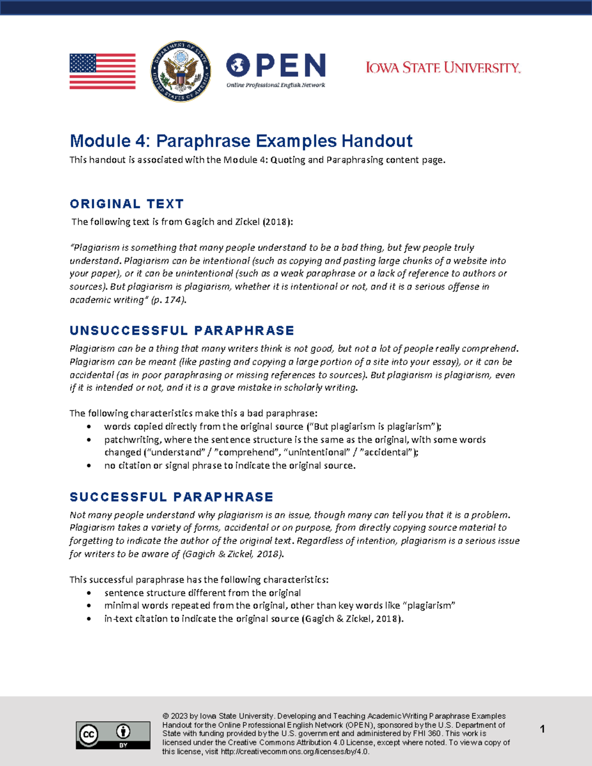 Mod 4 Paraphrase Examples Handout - 1 © 2023 by Iowa State University ...