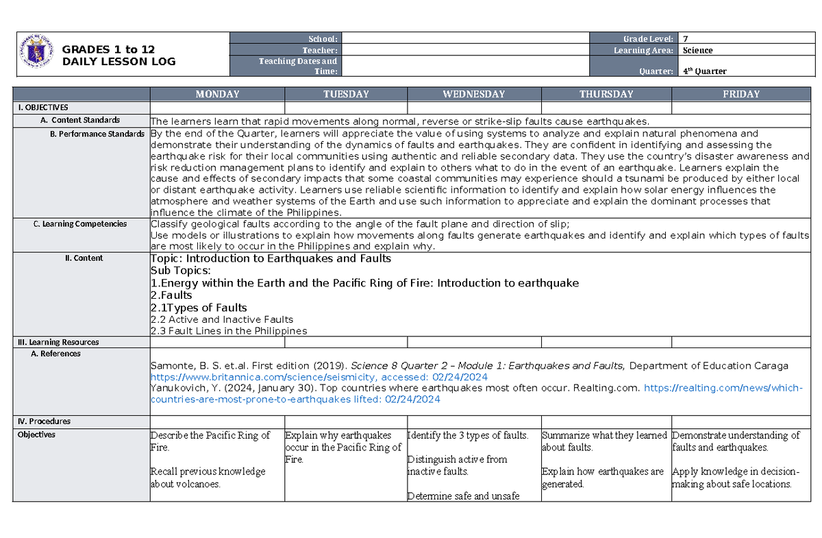 Science 7 DLL Week 1: Earthquakes & Faults Lesson Plan - Studocu
