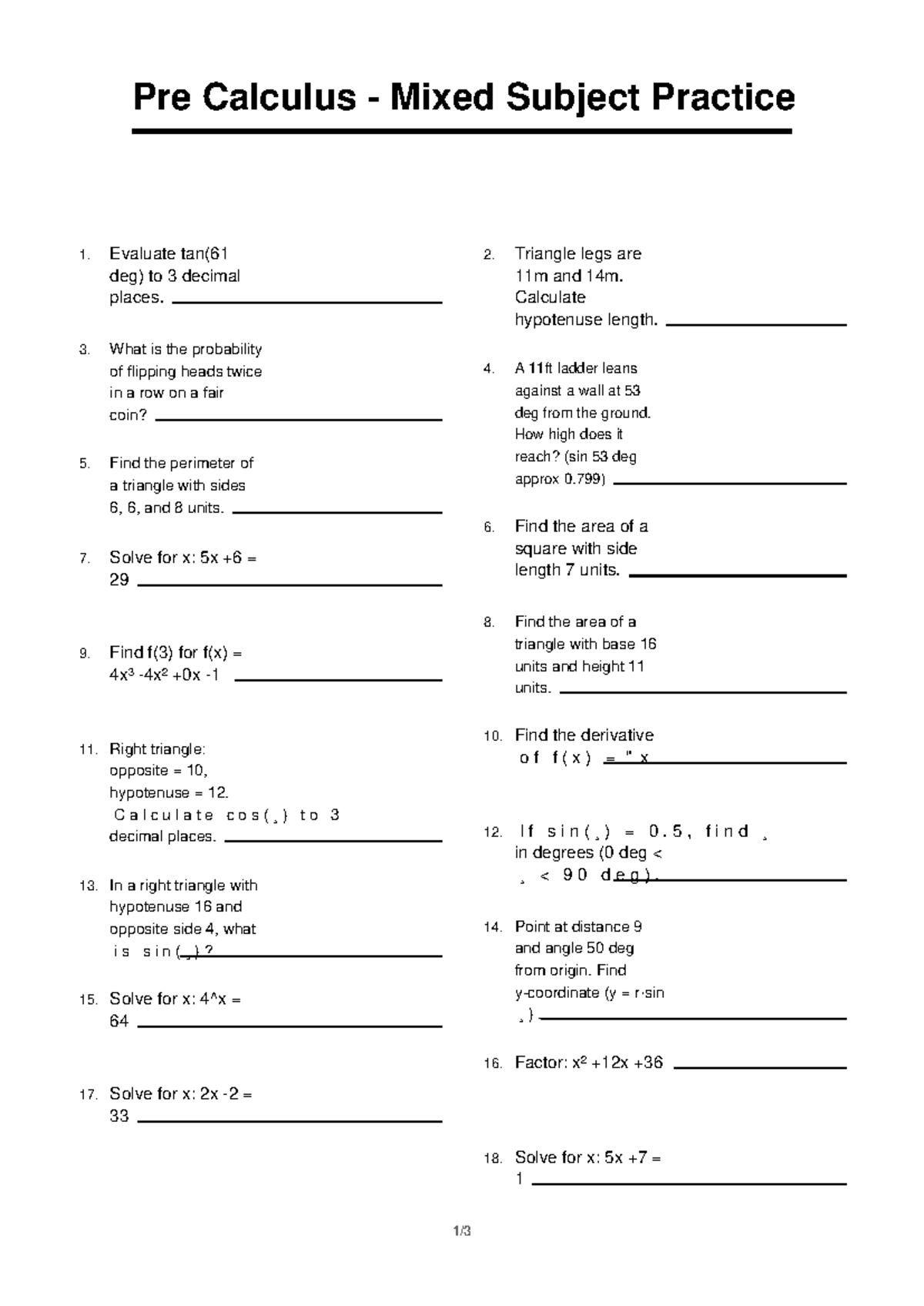 Pre Calculus - Mixed Subject Practice 1: Problem Set & Solutions - Studocu