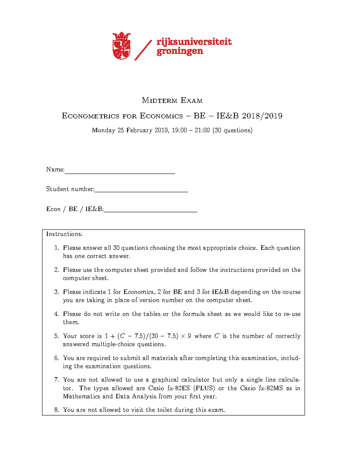 Midterm Exam 2018-2019: Econometrics for BE & IE&B Students - Studeersnel