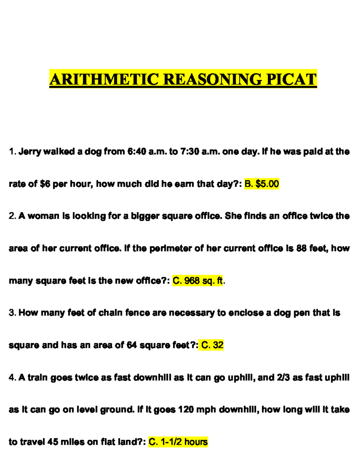 Arithmetic Reasoning PICAT Practice Questions and Solutions - Studocu