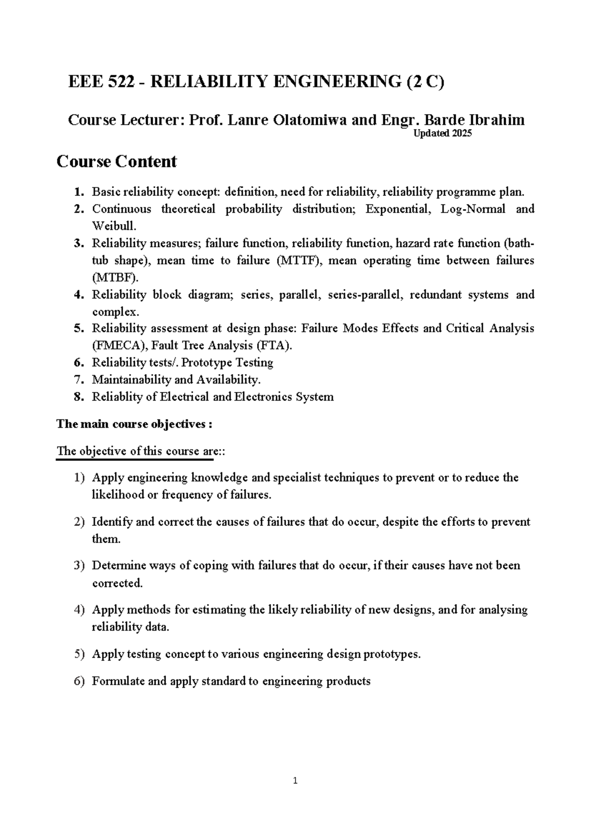 Reliability Engineering (522 C) Lecture Notes: Concepts & Applications ...