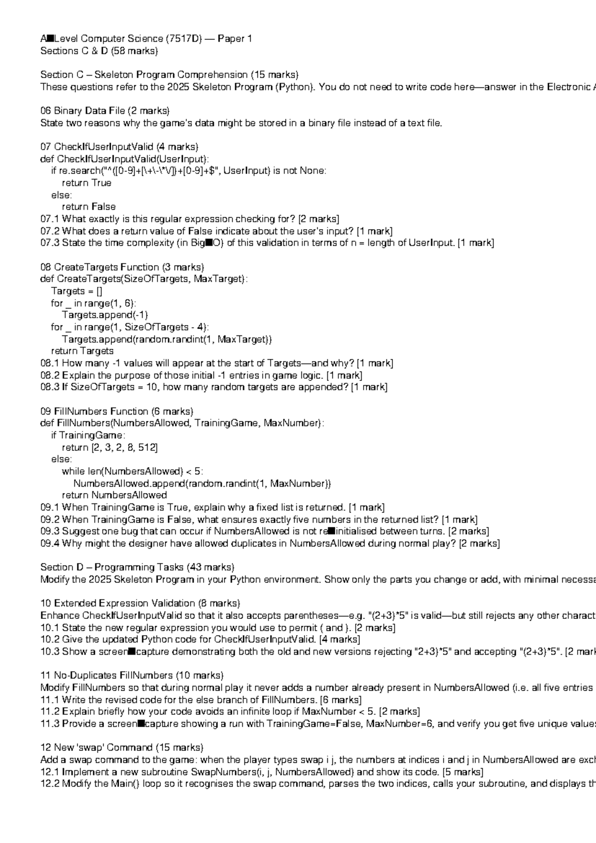Computer Science (7517D) Paper 1 Sections C D - Program Comprehension ...