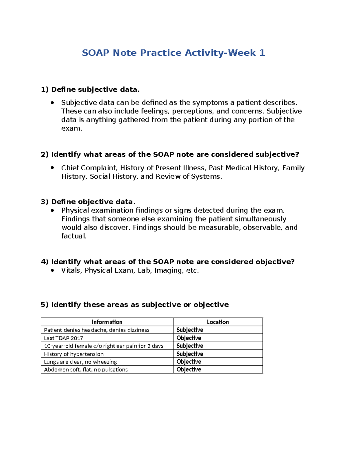 SOAP Note Practice: Subjective & Objective Data Analysis - Studocu