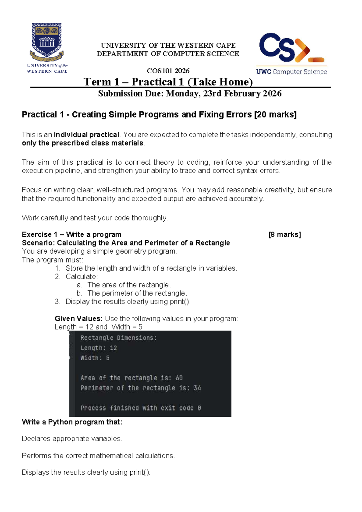 COS101 2026 Term 1 Practical 1: Simple Programs & Error Fixing - Studocu