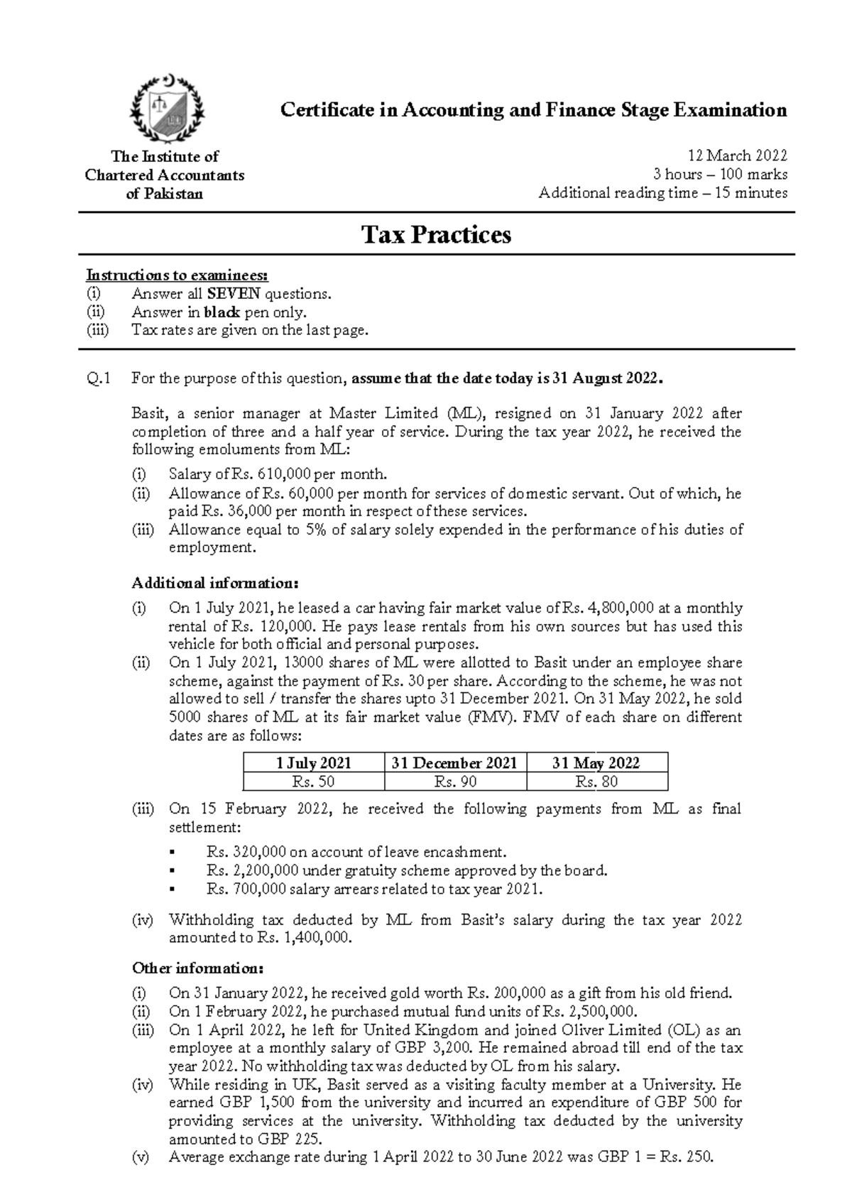 CAF 2 TAX Spring 2022 - Tax Practices Exam Paper and Instructions - Studocu