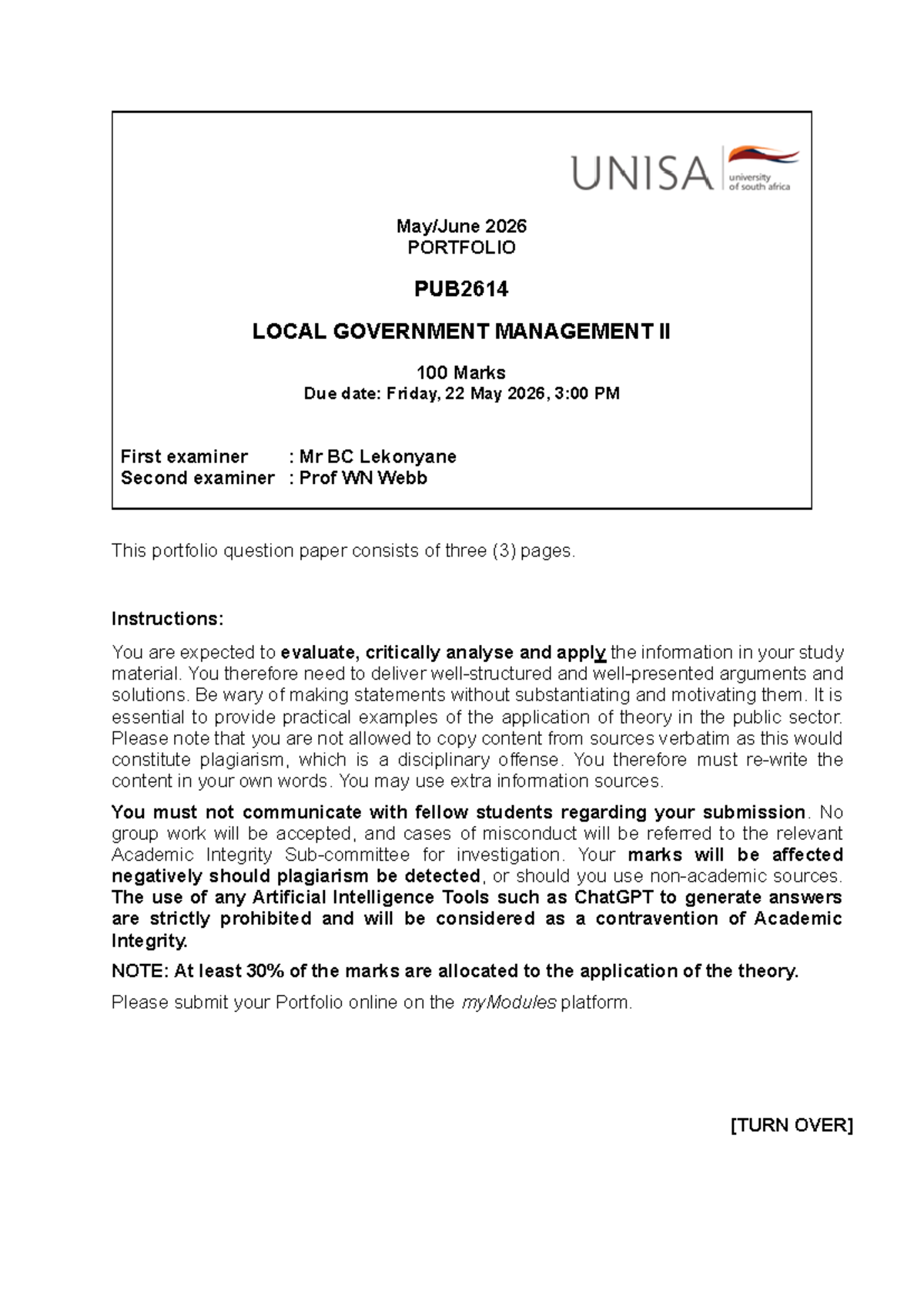 2026 PUB2614 Portfolio: Local Government Management II Guidelines - Studocu